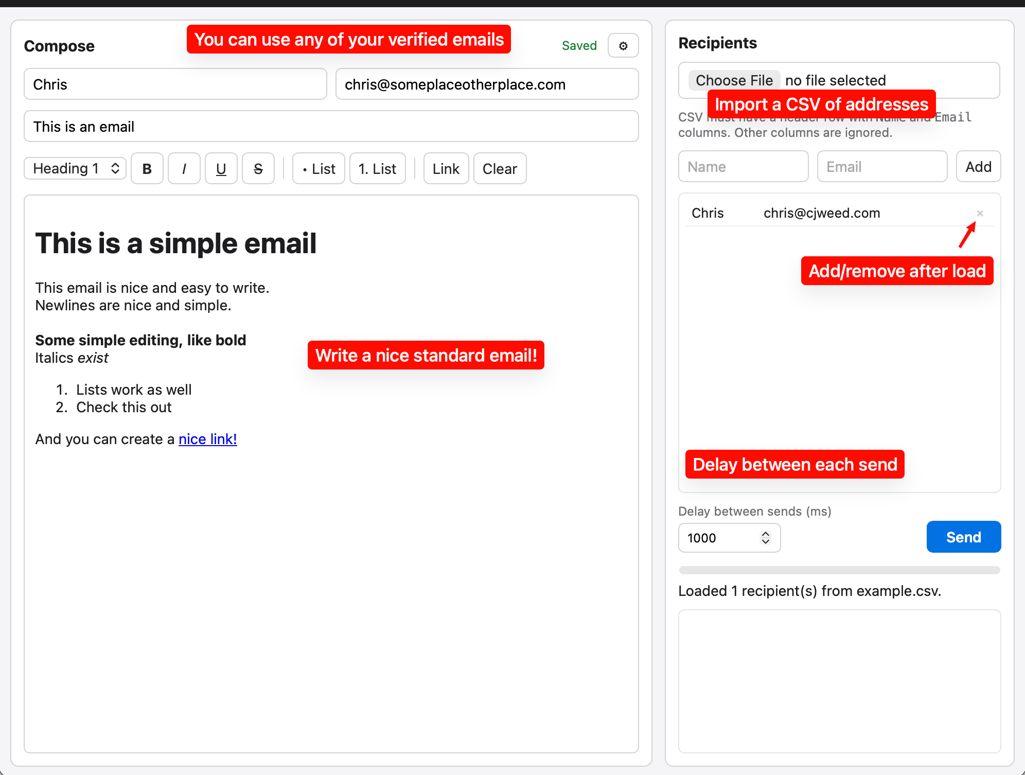 Simple Mail Merge app: compose a rich-text email on the left, CSV recipients list with per-send delay and progress log on the right